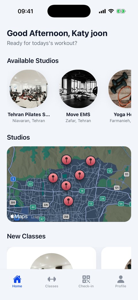 OnRepClub home screen showing available studios and a map of venues